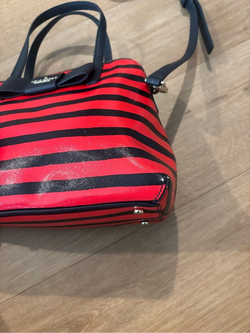 kate spade Red and Navy Striped Dome Satchel with Bow Accent